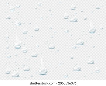 Vector Water drops on glass. Rain drops. Shower steam condensation drips on transparent glass, rain drops on window.