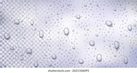 Vector Water drops on glass. Rain drops on transparent background.