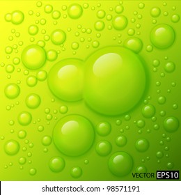 Vector water drops on lime green background.