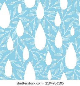 Vector water drops on nature twigs texture blue vector seamless pattern background. Surface pattern print design
