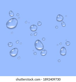 Vector water drops. PNG drops, condensation on the window, on the surface. Realistic drops on a blue background.