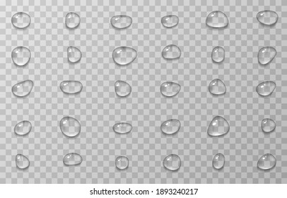 Vector water drops. PNG drops, condensation on the window, on the surface. Realistic drops on an isolated transparent background.