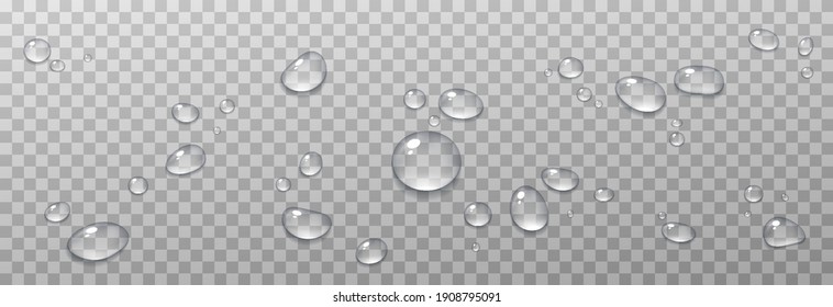 Vector water drops. PNG drops, condensation on the window, on the surface. Realistic drops on an isolated transparent background. PNG.
