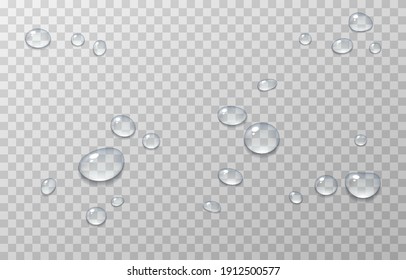 Vector water drops. PNG drops, condensation on the window, on the surface. Realistic drops on an isolated transparent background. PNG.