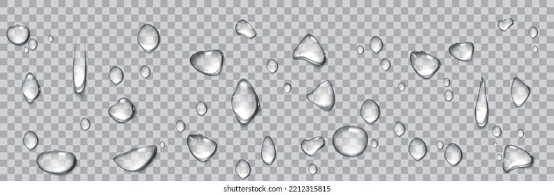 Vector water drops. PNG drops, condensation on the window, on the surface. Realistic drops on an isolated transparent background