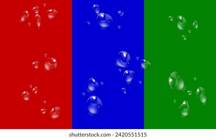 Vector water drops. PNG drops, condensation on glass, on various surfaces. Realistic drops on multicoloured isolated background. PNG.