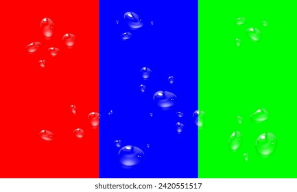 Vector water drops. PNG drops, condensation on glass, on various surfaces. Realistic drops on multicoloured isolated background. PNG.