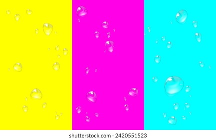 Vector water drops. PNG drops, condensation on glass, on various surfaces. Realistic drops on multicoloured isolated background. PNG.