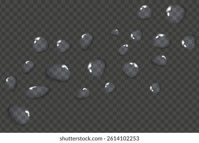Vector water drops. PNG drops, condensation on the window, on the surface. Realistic drops on an isolated transparent background.