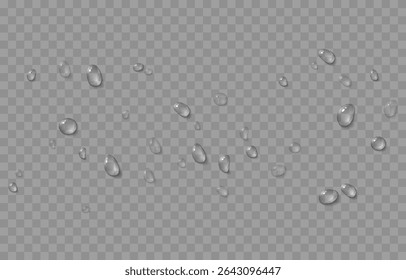 Vector water drops. Drops png, condensation on the window, on the surface. Realistic drops on an isolated transparent background.