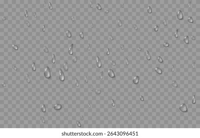 Vector water drops. Drops png, condensation on the window, on the surface. Realistic drops on an isolated transparent background.