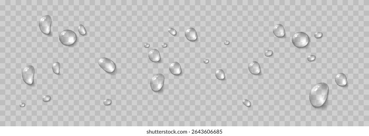 Vector water drops. Drops png, condensation on the window, on the surface. Realistic drops on an isolated transparent background.