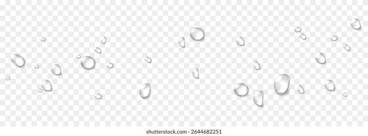 Vector water drops. Drops png, condensation on the window, on the surface. Realistic drops on an isolated transparent background.