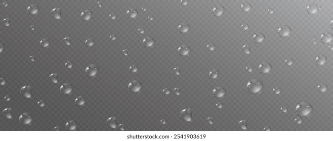 Vector water drops. PNG droplets, condensation on glass, on various surfaces. Realistic droplets on a transparent background. Rain and dew.