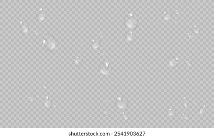 A água do vetor cai. Gotículas PNG, condensação no vidro, em várias superfícies. Droplets realistas em um fundo transparente. Chuva e orvalho.