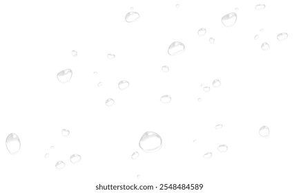 Vector de gotas de agua. Gotas de PNG, condensación en vidrio, en varias superficies. Gotas realistas sobre un fondo transparente. Lluvia y rocío.