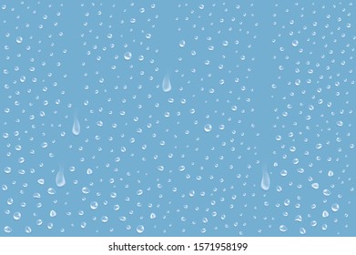 Vector water drops, rain or steam shower on blue background. 3d realistic  pure drops condensed. clear vapor bubbles on window glass surface. Different sizes and forms. Template for design.