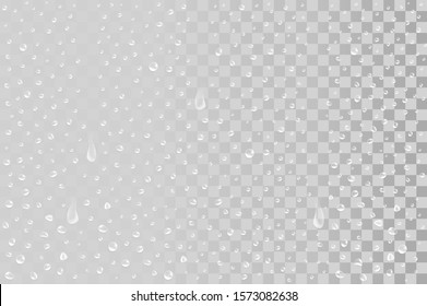 Vector water drops, rain or steam shower on transparent background. 3d realistic  pure drops condensed. clear vapor bubbles on window glass surface. Different sizes and forms. Template for design.
