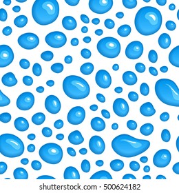 Vector water drops. Seamless pattern with rain drops, wet surface. Abstract illustration with blue liquid blobs, splatters and paint stain on white. Raindrop background.