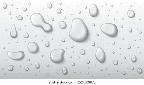 Vector water drops set isolated on a transparent background. Realistic illustration. Pure clear liquid. Different shapes.