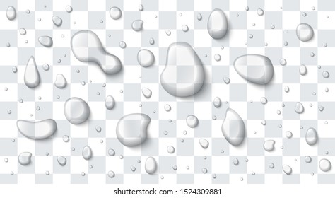 Vector water drops set isolated on a transparent background. Realistic illustration. Pure clear liquid. Different shapes.