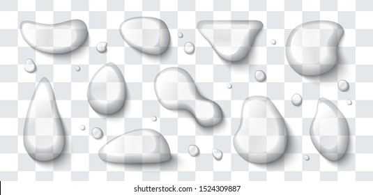 Gotas de agua vectorial aisladas sobre un fondo transparente. Ilustración realista. Líquido transparente puro. Diferentes formas.