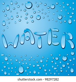 Vector water drops word Water on blue background