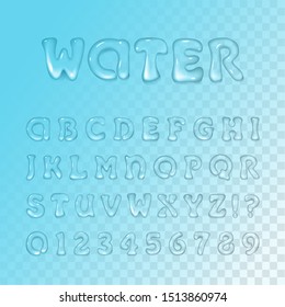 Vector water / gel font on blue transparent background. Typeface. Glossy letters