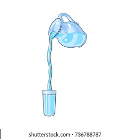 vector water glass carafe, pitcher with flowing into cup water. Isolated cartoon illustration on a white backround. Kitchen glassware utensil