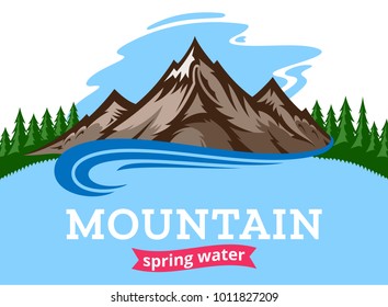 Vector water illustration or label design with mountain, trees and clouds.