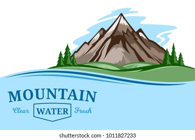 Vector water illustration or label design with mountain, trees and clouds.