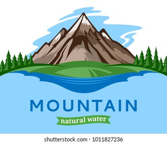 Vector water illustration or label design with mountain, trees and clouds.