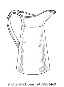 Vector water Jug. Black line art drawing of milk pitcher. Outline illustration of vintage bottle. Sketch on isolated white background. Hand drawn editable clipart. A vase for flowers