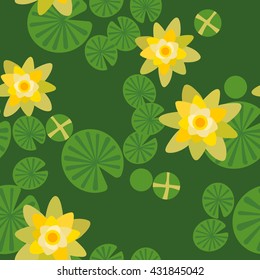 Vector water lilies seamless pattern background with flowers and leaves. Yellow lily on green background. Vector illustration.
