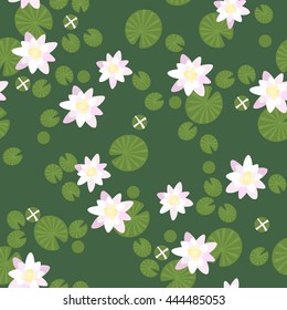 Vector water lilies seamless pattern background with flowers and leaves. White lily on a green background. Vector illustration.