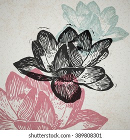Vector water lily in abstract composition. Engraved nenuphars in different colors on old paper