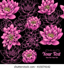 Vector water lily  flowers frame corner pattern . Invitation or greeting card design.Vector illustration