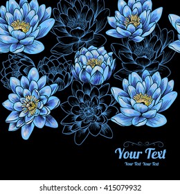 Vector water lily flowers horizontal frame pattern background . Invitation or greeting card design.Vector illustration