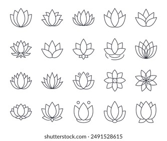 Vector water lily icon. Yoga lotus symbol, flower of well-being and healthy lifestyle, elegant blooming. Editable stroke thin line set. Natural simple plant elements on white background