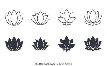 Vector water lily icon. Yoga lotus symbol, flower of well-being and healthy lifestyle, elegant blooming. Natural simple plant elements on white background. Editable stroke thin line, black solid set