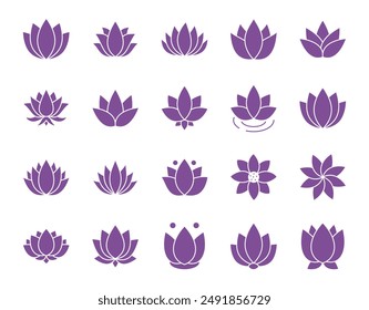 Vector water lily icon. Yoga lotus purple symbol, flower of well-being and healthy lifestyle, elegant blooming. Natural simple plant elements on white background. Editable stroke thin line set.