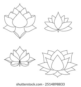 Vector water lily icon. Yoga lotus symbol, flower of well-being and healthy lifestyle, elegant blooming. Editable stroke thin line set. Natural simple plant elements on white background
