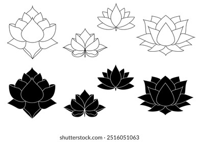 Vector water lily icon. Yoga lotus symbol, flower of well-being and healthy lifestyle, elegant blooming. Editable stroke thin line set. Natural simple plant elements on white background
