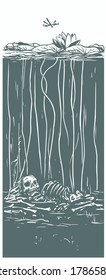 Vector water lily. Lotus illustration. Skeleton, bones, drowned man, corpse, death, crime, murder