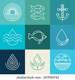 Vector water line icons and logos - fresh and clean design elements in blue colors