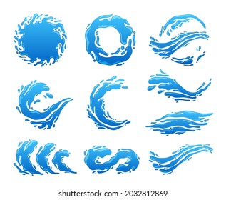 Vector water or liquid splashes, waves, drops and design elements