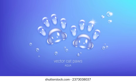 Vector water prints of cat paws. Drops of clear liquid. Blue cyan background. Zoo banner.