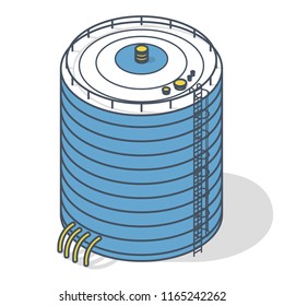 Vector water reservoir isometric building info graphic. Outlined water reservoir. White water supply resource. Pictogram industrial chemistry cleaner set with blue details