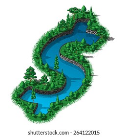 Vector water reservoir in the shape of a dollar sign with trees and plants around