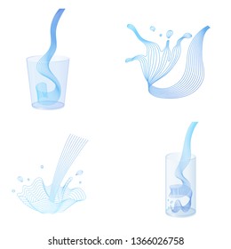 Vector water splash pour in glass set. Vector isolated transparent illustration.. Healthy vitamin drink, breakfast, diet and nutrition.